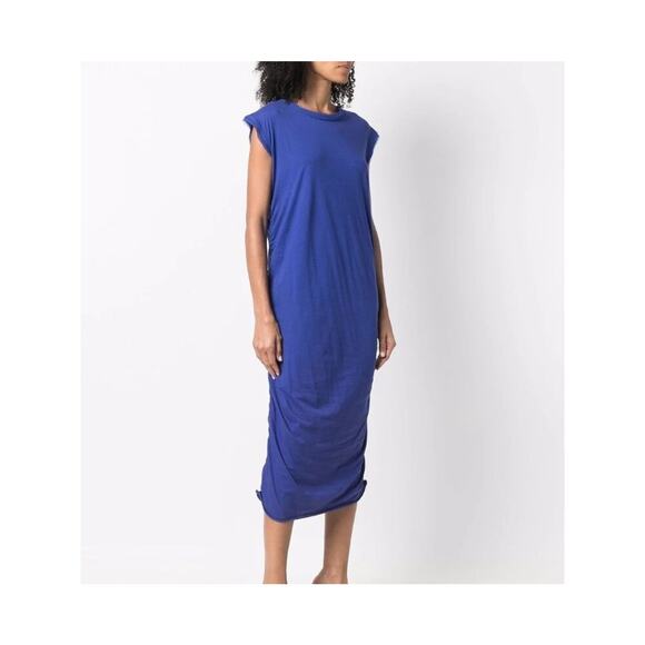 LANVIN Paris Blue Silk Ruched Midi Dress Size M Sleeveless Fringe Hem Luxury - Picture 13 of 13